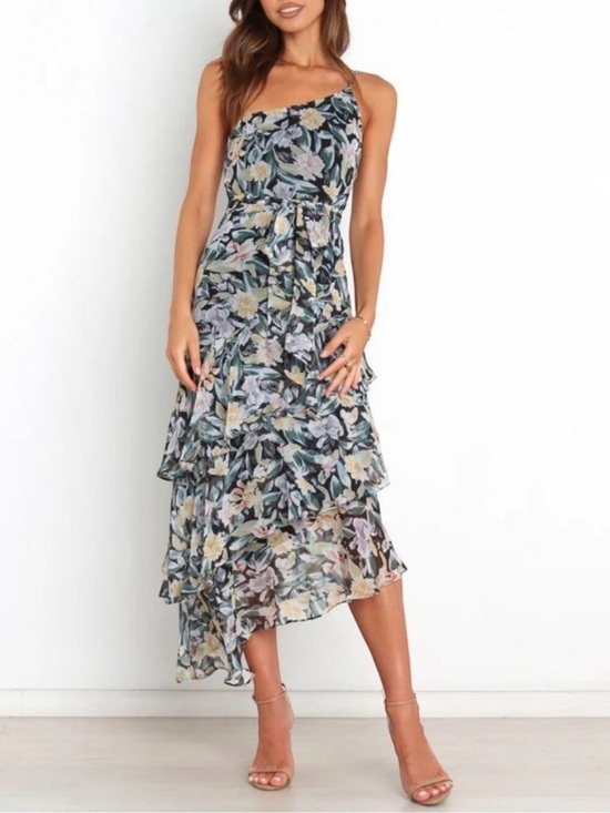 Petal & Pup Dresses & Skirts - Petal & Pup One-Shoulder Floral Tiered Midi Dress in Navy and Green